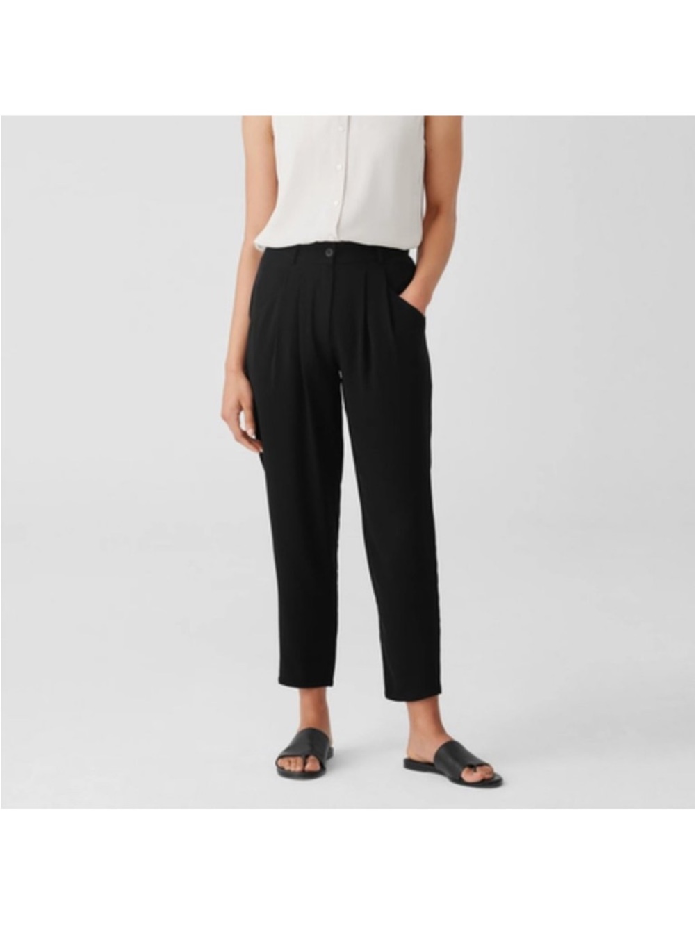 Eileen Fisher Petite Silk Tapered Ankle Pants PP Black Silk Zip Button Pockets